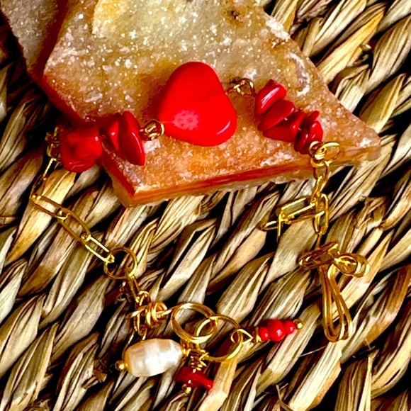 Coral rosary link chain hearts /adjustable charm dainty silver bracelet/ - Picture 1 of 8